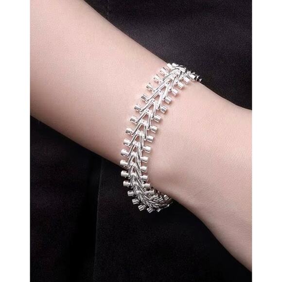 New Fine Geometric Spike Link Bracelet, 925 Plated Silver Color, Unisex 20CM - Picture 1 of 8
